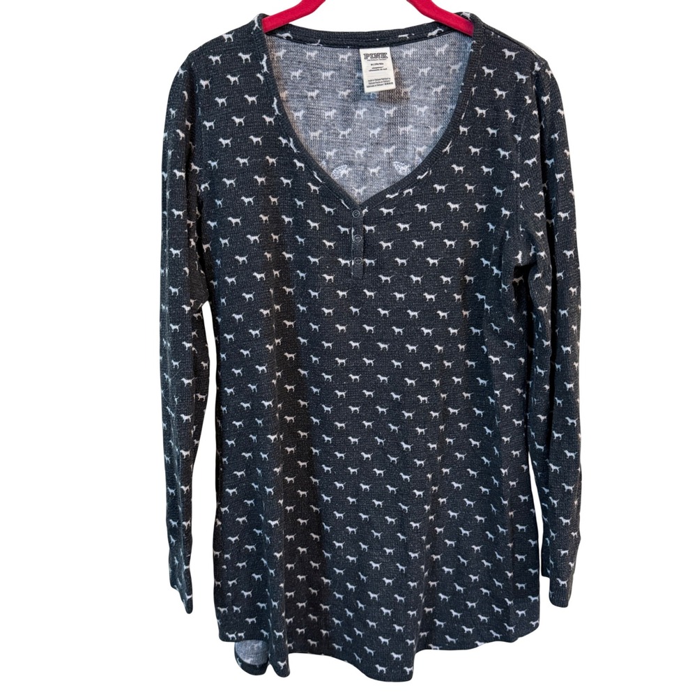 PINK Victoria's Secret Dog Print Nightgown‎ Sleep Shirt Sequin Logo Gray M Y2K